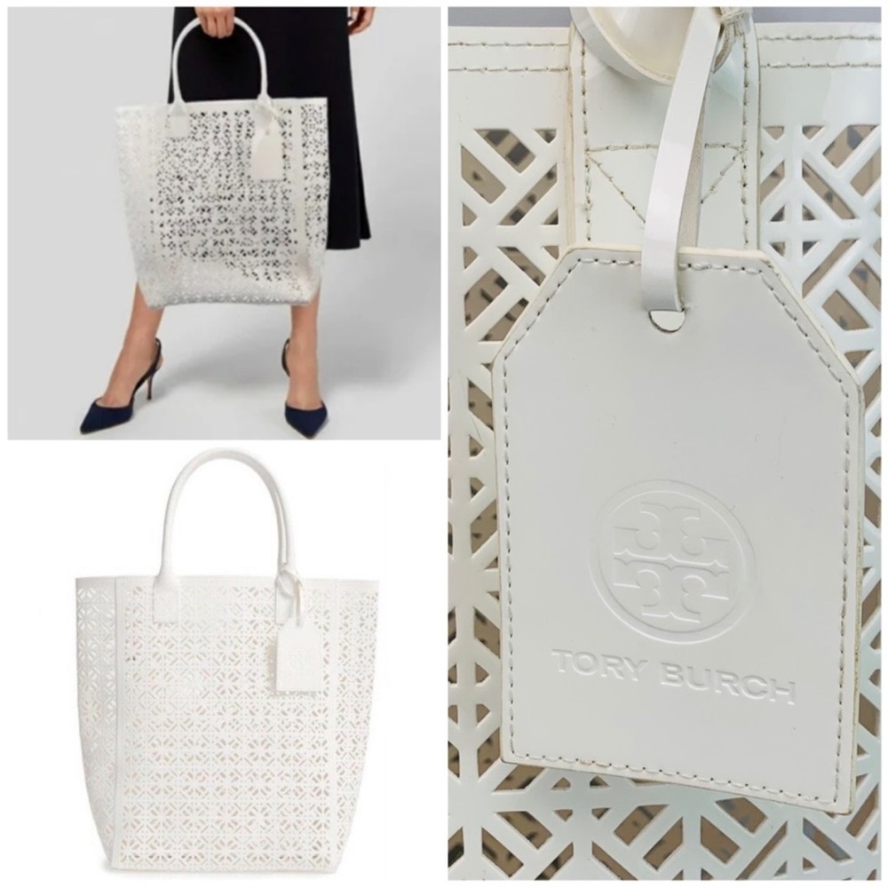 Tory Burch Patent Perforated North South PVC Tote White
